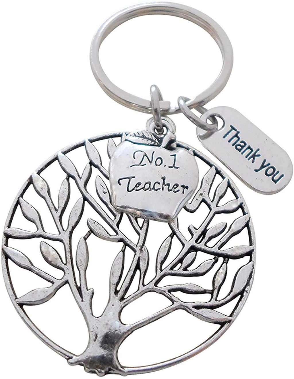 Teacher Appreciation Gifts • "Thank You" Tag, Large Filagree Tree Charm, & #1 Teacher Apple Charm Keychain by JewelryEveryday w/ "Teachers plant seeds that grow forever!" Card