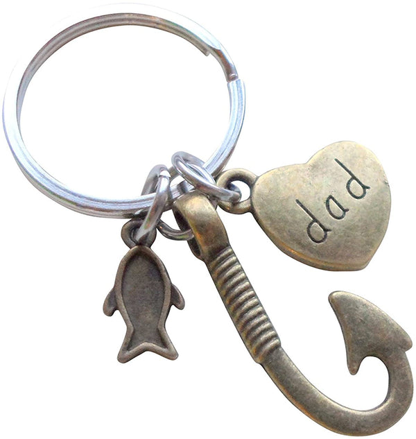 Bronze Dad Fish Hook Keychain with Little Fish Charm - Hooked on You Dad; Father's Keychain