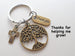 Bronze Tree, Cross with Heart, & Thank You Charm Keychain, Religious Teacher, Neighbor or Volunteer Keychain