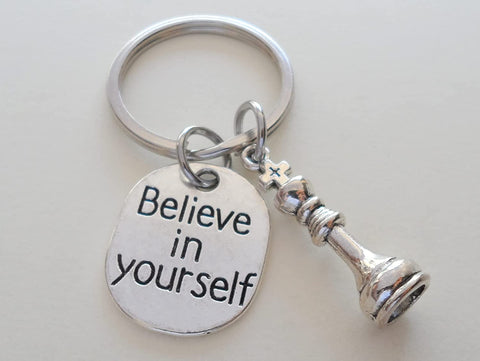 Chess Club Player Charm Keychain with a King Chess Piece Charm and Believe in Yourself Charm
