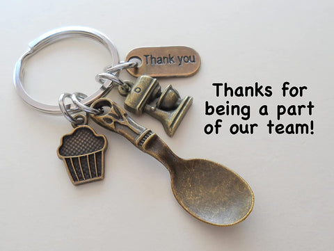Baker's Keychain, Bronze Spoon Charm, Muffin, Mixer Charm, and Thank You Charm, Bakery Employee or School Lunch Staff Appreciation Keychain