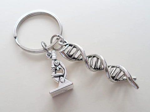 DNA Molecule Double Helix Keychain with Microscope Charm, Science Keychain, Graduate Student Keychain