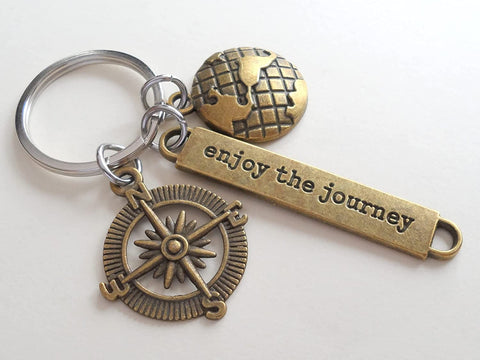 Bronze Enjoy the Journey Compass & Globe Charm Keychain - Graduation Keychain, Encouragement Keychain