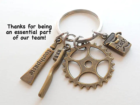 Dental Assistant, Dental Office Staff, Orthodontics Employee Thank You Keychain; Bronze Toothbrush, Floss & Gear Charm Keychain