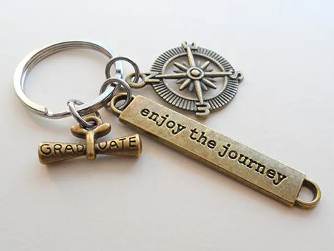 Bronze Enjoy the Journey Compass Charm Keychain with Graduate Scroll Charm - Graduation Keychain, Encouragement Keychain