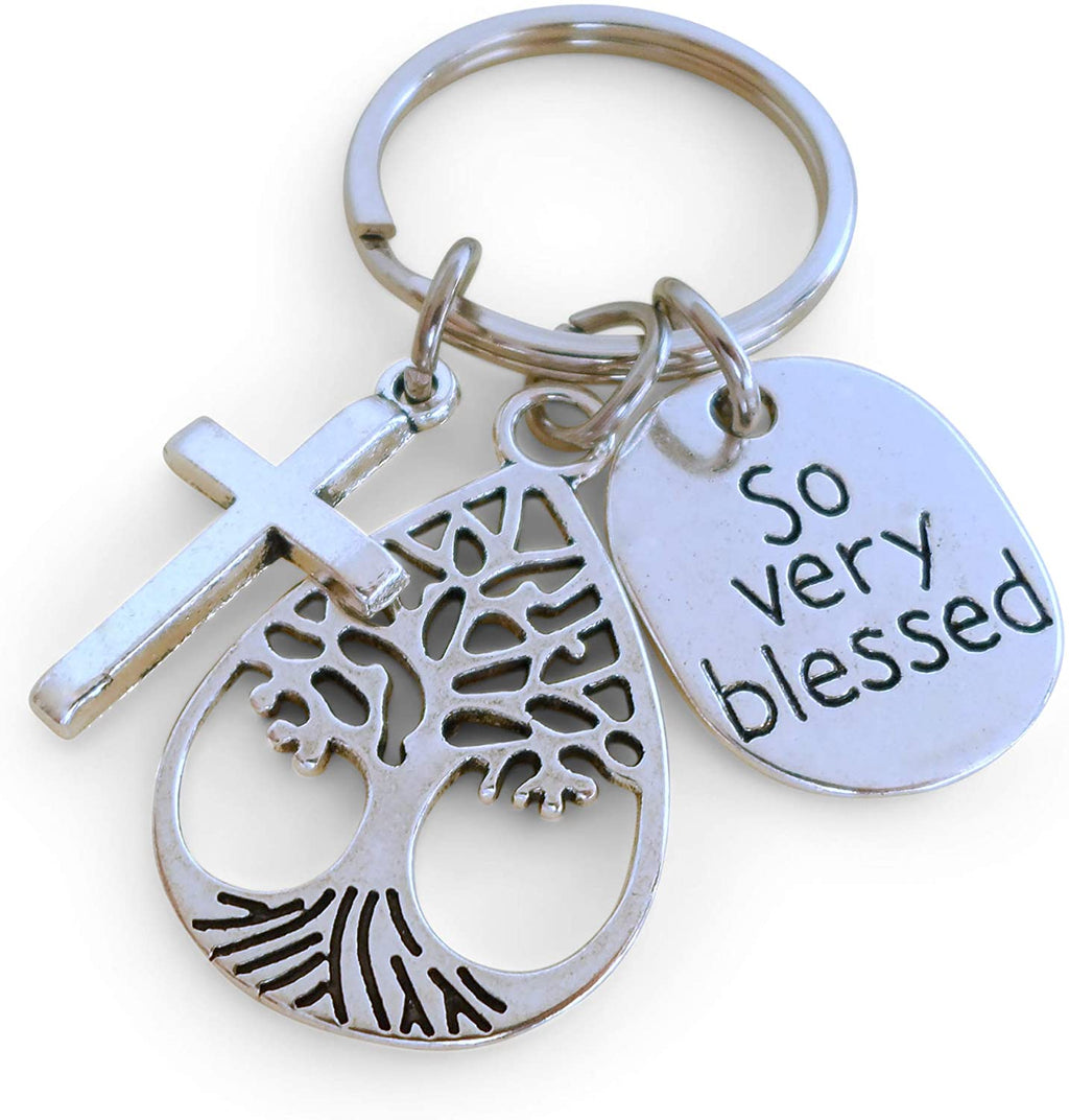 Tree, Cross, So Very Blessed Charm Keychain, Religious Teacher Gift, Neighbor Gift
