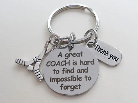 Coach Appreciation Keychain with "A Great Coach is Hard to Find and Impossible to Forget" Disc Charm (With Hockey Sticks Charm)