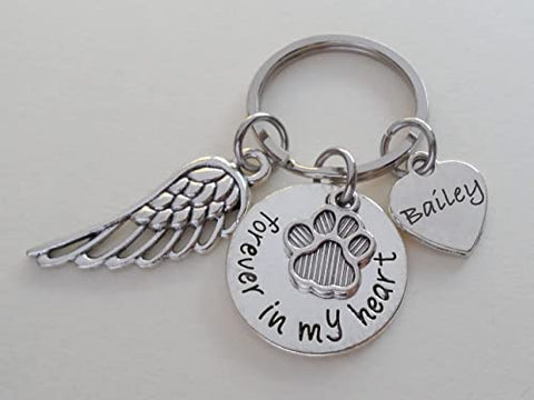 Custom Forever in My Heart Disc with Paw & Wing Charm Keychain, Pet Loss Gift, With Custom Engraved Heart Tag, Dog Memorial Keychain