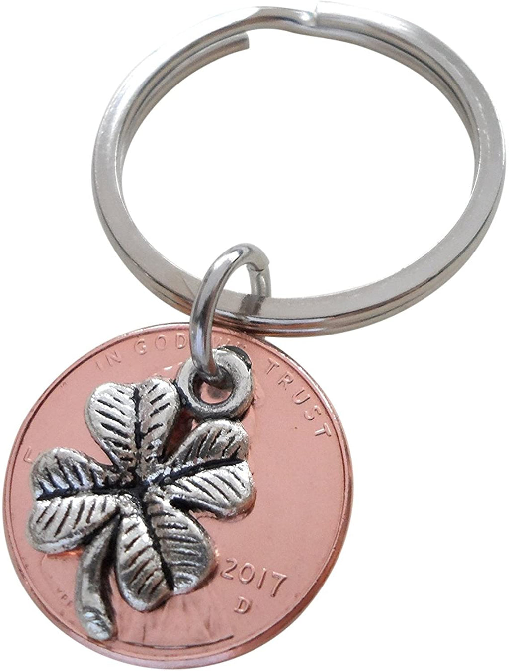 Clover Charm Layered Over 2017 Penny Keychain; 7 Year Anniversary Gift, Couples Keychain