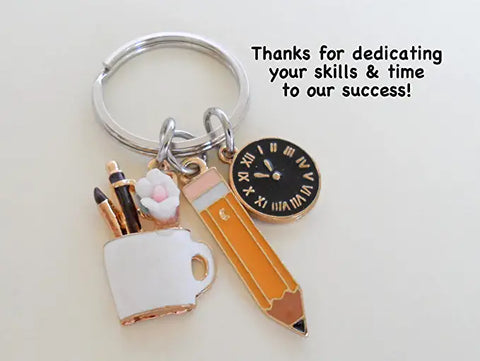 Office Staff Appreciation Keychain, Clock, Pencil & Mug Charm Keychain; Secretary, Receptionist, or Employee Keychain