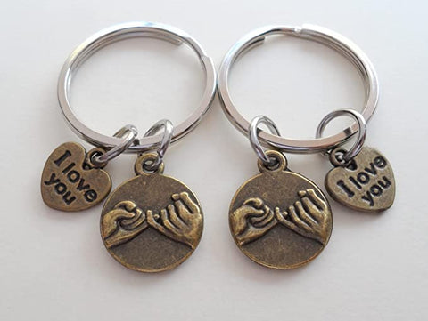 Double Keychain Set, Bronze Pinky Promise & I Love You Heart Charm Keychains, Best Friend or Couples Keychains