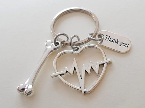 Heartbeat Medical Charm Keychain with Bone Charm; Doctor Office or Hospital Staff Thank you Keychain