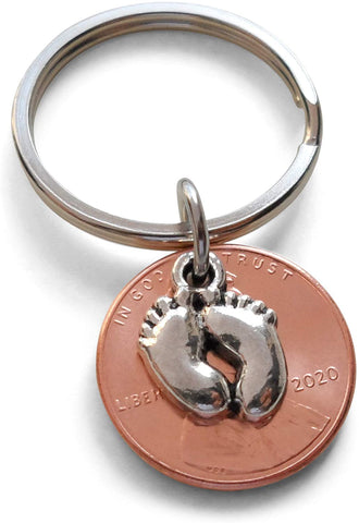 Baby Feet Charm Layered Over Penny Keychain Mother's Keychain, Father's Keychain, Select Penny Year