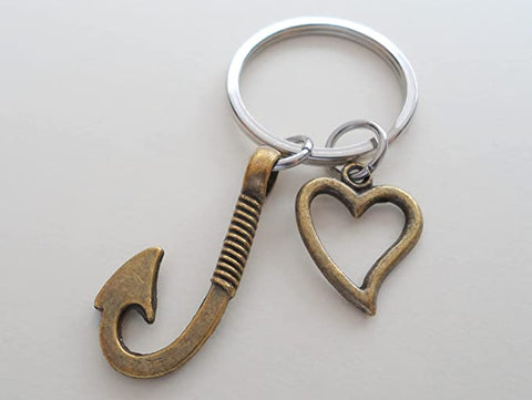 Bronze Fish Hook Keychain with Heart Charm - I'm Hooked On You; Couples Keychain