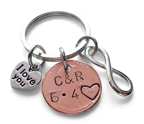 Custom Hand Stamped Personalized Penny Keychain, with 2 Selected Charm, Husband Wife Anniversary Key Chain, Boyfriend Girlfriend Customized Couples Keychain