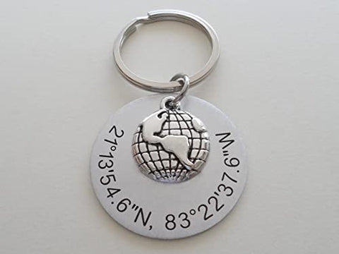Custom World Globe Keychain with Engraved Aluminum Disc for Coordinates or Text, Couples or Best Friends Anniversary Keychain