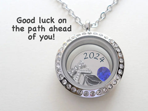 Custom Graduate Circle Floating Charm Locket Necklace with Engraved Disc Charm, Stainless Steel Locket, Graduation Gift, Good Luck on the Path Ahead