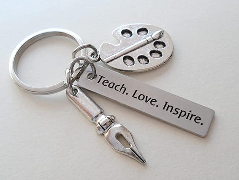 Art Palette Charm Keychain with Calligraphy Pen Charm, & Engraved Tag "Teach. Love. Inspire.", Art Teacher