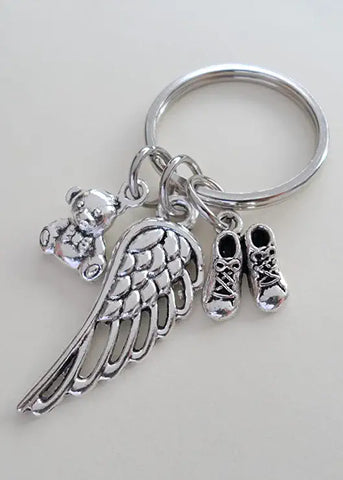 Wing Charm Keychain with Teddy Bear & Little Baby Shoes Charm, Baby Loss Memorial Keychain