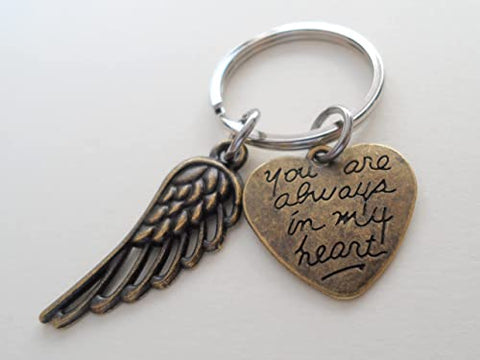 Custom Bronze Memorial Heart Charm Keychain With Wing Charm, Family Loss Gift Keychain, Memorial Keychain