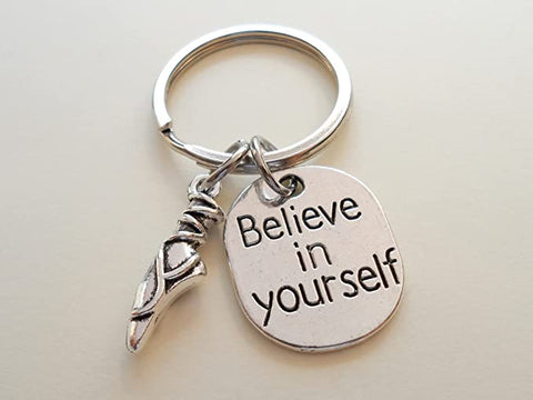 Ballet Keychain with Ballet Shoe Charm and Believe in Yourself Charm, Ballerina or Coach Keychain