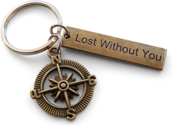 8 Year Anniversary Gift • Bronze Open Metal Compass With Engraved "Lost Without You" Tag Keychain by Jewelry Everyday