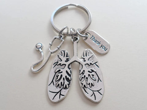 Respiratory Medical Health Professional Appreciation Keychain with Lung Charm, Stethoscope, and Thank You Charm.