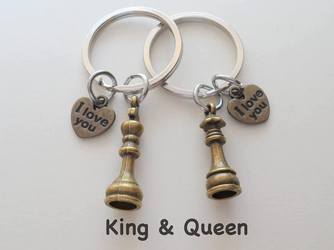 Bronze Small Chess Piece Charm Keychains with I Love You Heart Charms, King and Queen Set - Couples Keychain Set