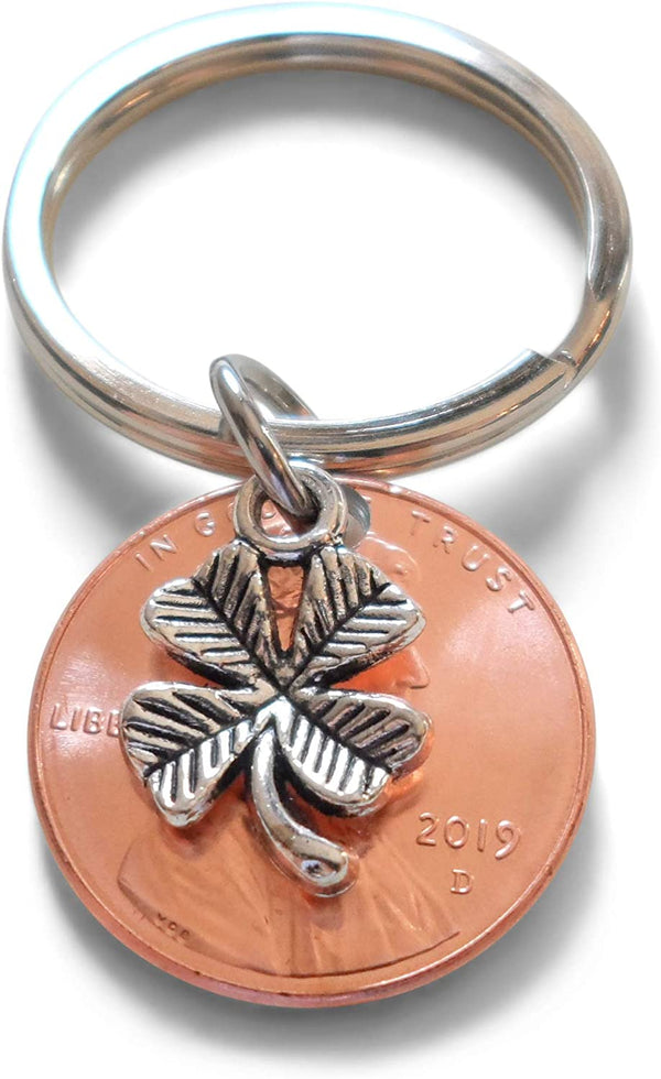 Clover Charm Layered Over 2019 US One Cent Penny Keychain; 5-Year Anniversary Gift, Couples Keychain
