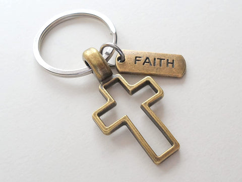 Bronze Cross Keychain with Faith Tag Charm, Religious Keychain