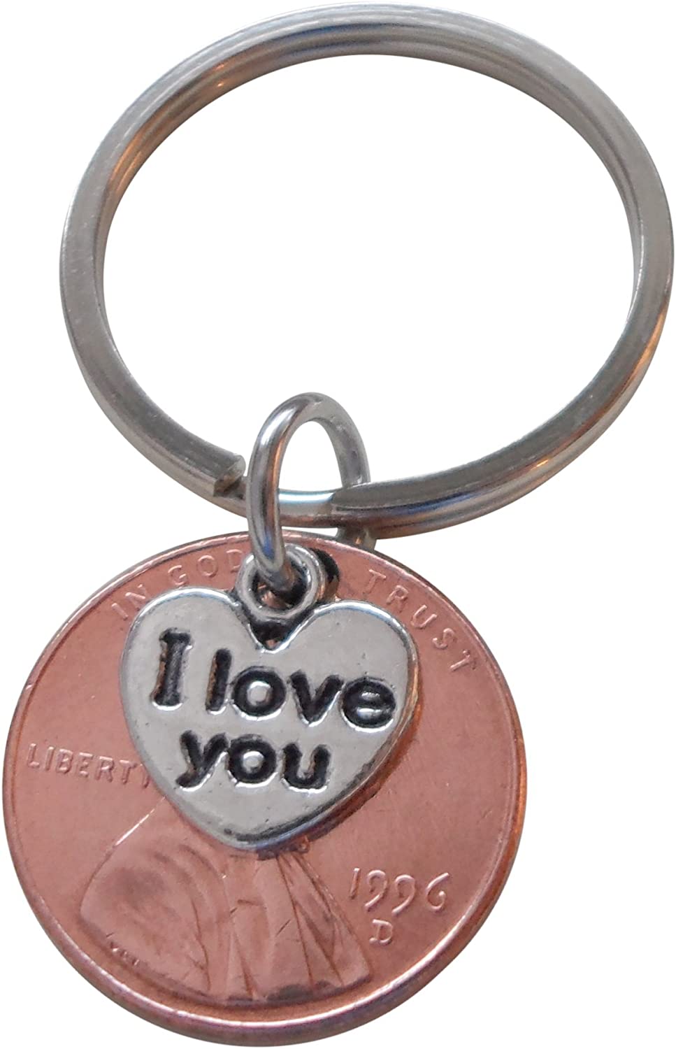 26 Year Anniversary Gift • I Love You Heart Charm Layered Over 1996 Penny Keychain by Jewelry Everyday