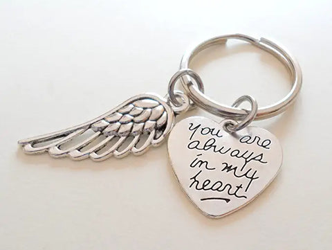 Memorial Keychain, Wing Charm and "You Are Always With in My Heart" Heart Charm