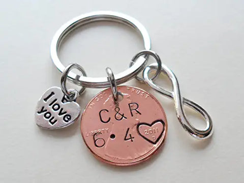 Custom Hand Stamped Personalized Penny Keychain, with 2 Selected Charm, Husband Wife Anniversary Key Chain, Boyfriend Girlfriend Customized Couples Keychain