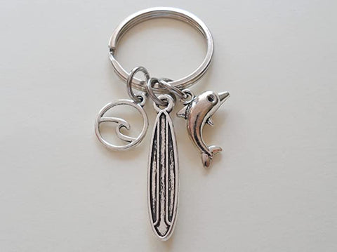 Surfer's Keychain, Surfboard, Wave & Dolphin Charm