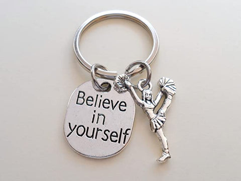 Cheerleading Keychain with Cheerleader Charm and Believe in Yourself Charm, Cheer Keychain