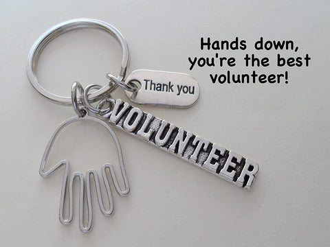 Volunteer Charm Keychain with Hand Charm, Volunteer Charm, and Thank You Charm, Volunteer Appreciation Keychain