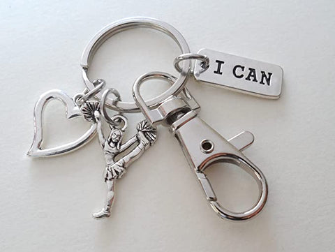 Cheerleader Charm Keychain with Heart & I Can Charm and Swivel Clasp Hook, Cheerleading Keychain