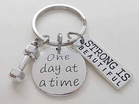 "One Day At A Time" & "Strong is Beautiful" Fitness Encouragement Keychain with Weight Charm, Health Keychain