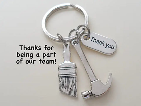 Hammer & Paint Brush Charm Keychain with Thank You Tag, Builders, Construction Team, Contractor, Handyman Appreciation Keychain