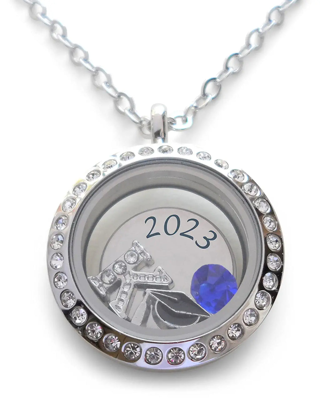 Custom Graduate Circle Floating Charm Locket Necklace with Engraved Disc Charm, Stainless Steel Locket, Graduation Gift, Good Luck on the Path Ahead