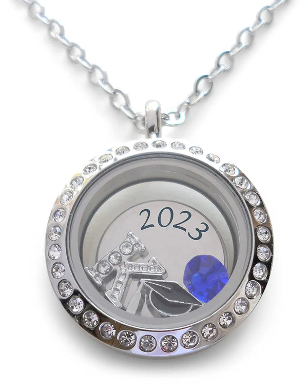 Custom Graduate Circle Floating Charm Locket Necklace with Engraved Disc Charm, Stainless Steel Locket, Graduation Gift, Good Luck on the Path Ahead