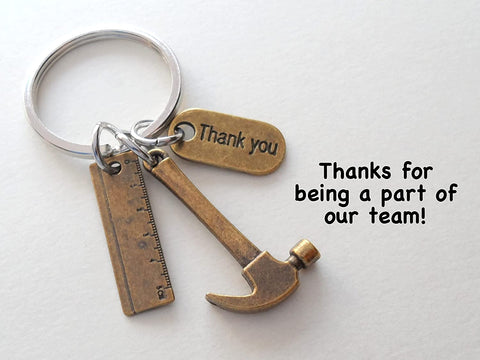 Bronze Hammer Charm Keychain with Ruler Charm and Thank You Charm, Handy Worker Keychain