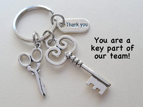 Hair Stylist Staff Appreciation Keychain, Key Charm, Scissors Charm, & Thank You Charm Keychain