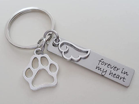 Forever in My Heart Engraved Steel Rectangle Tag Keychain with Small Wing Charm and Paw Charm, Pet Memorial Keychain