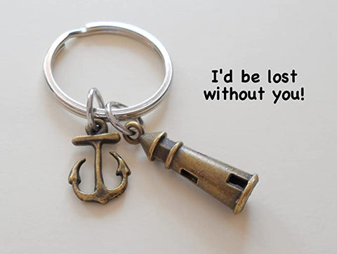 Bronze Lighthouse Keychain With Anchor Charm- I'd Be Lost Without You; Couples Keychain