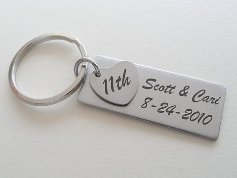 Custom Engraved Stainless Steel Keychain with Heart Tag for Couples 11 Year Anniversary Gift Keychain, Add Backside Engraving