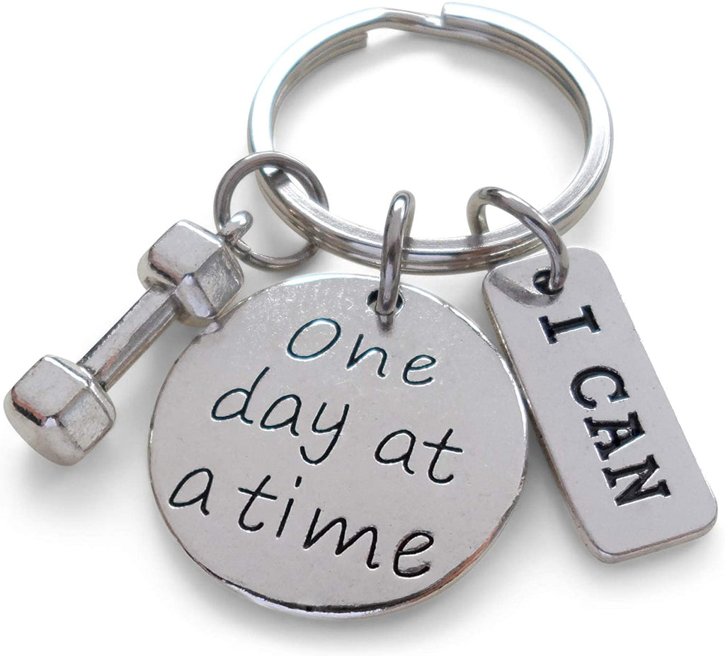 "I can" &"One Day At A Time" Fitness Encouragement Keychain with Weight Charm, Health Keychain by JewelryEveryday
