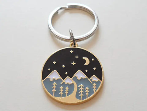 Camping Keychain; Mountain, Trees, & Night Sky Scene Charm Keychain