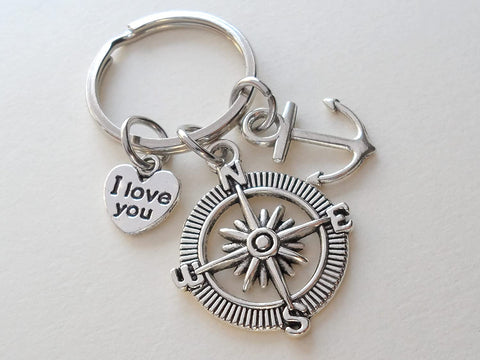 Compass Charm Keychain with Anchor & I Love You Heart Charm - I'd Be Lost Without You; Couples Keychain