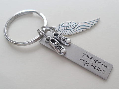 Forever in My Heart Engraved Steel Rectangle Tag Keychain with Baby Shoes & Wing Charm, Memorial Keychain